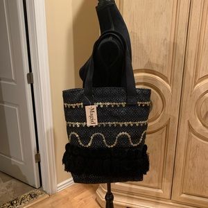 Magrid black, pom-pom, and sequin, black and gray beach, tote, NWT